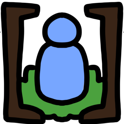 square brackets around a light blue figure on a patch of grass.